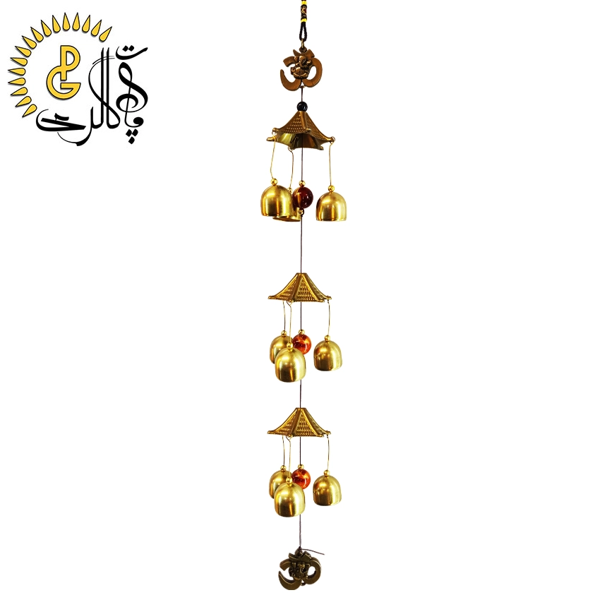 بادزنگ فلزی سه طبقه طرح اُم (OM) کد 0809 | آویز فنگ شویی زنگ‌دار با صدای دلنشین